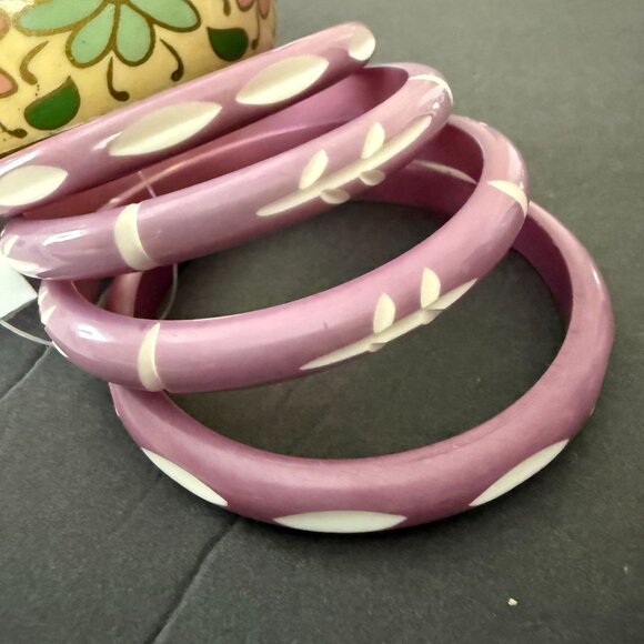 NWT Fantasia India Floral Yellow Purple Bangles Hand Painted Carved Set of 5 - Picture 9 of 10